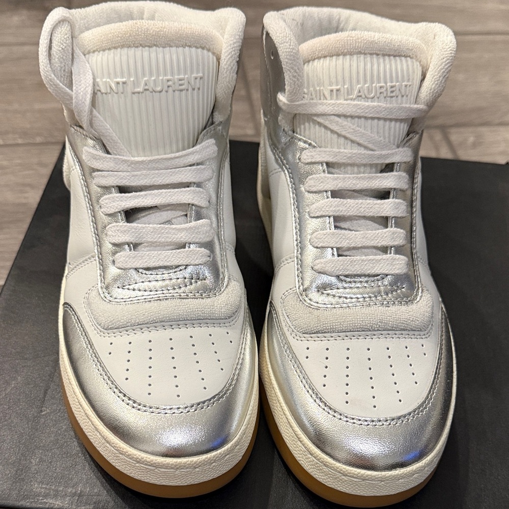 Saint Laurent White and Silver Women's Sneakers - Picture 2 of 5